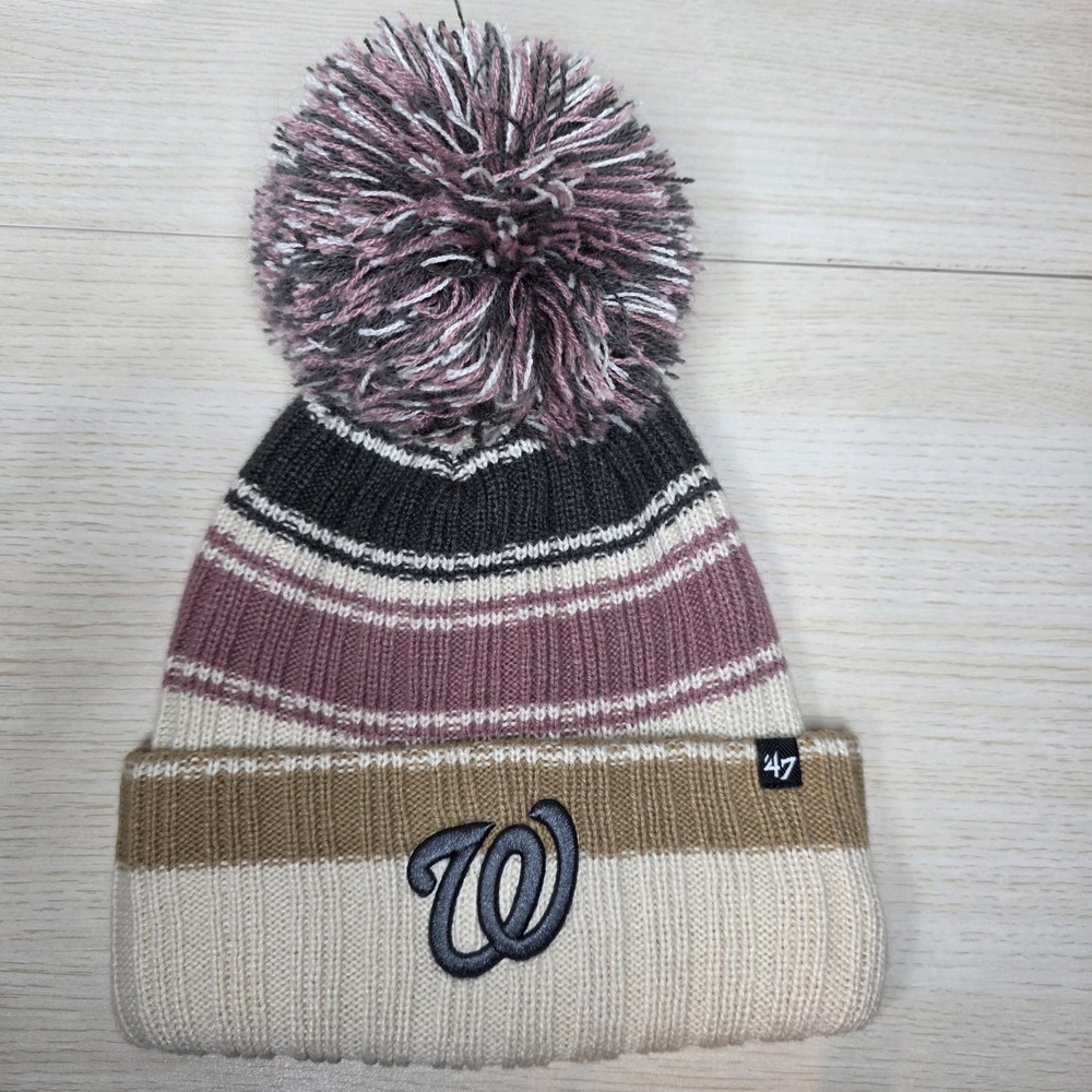 '47 Brand Women's Washington Nationals Beanie Hat OSFA Striped Pom MLB Winter - Picture 2 of 6